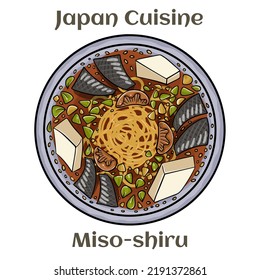 Bowl with miso soup, wakame seaweed, miso pasta, tofu  on a white background.
