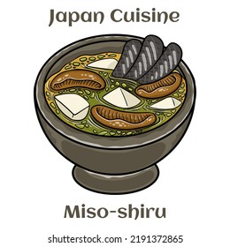 Bowl with miso soup, wakame seaweed, miso pasta, tofu  on a white background.