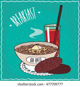 Bowl of muesli with butter, lie on lacy napkin. Near oatmeal cookies and glass of fresh juice. Cyan background and lettering Breakfast. Handmade cartoon style
