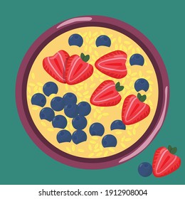 A bowl of muesli with fresh berries top view. Background. Healthy lifestyle, diet, healthy food and breakfast