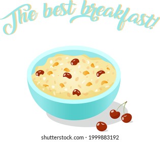 bowl with muesli with milk, crunches, cherries and apricots for healthy breakfast.