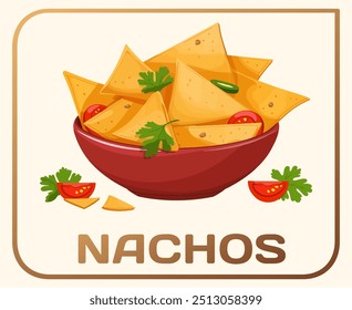 Tigela de nachos, um delicioso lanche mexicano e prato versátil perfeito para almoço, jantar ou casual ícone vetor de jantar. Tortilla crocante chips generosamente coberto com tomates frescos, coentro