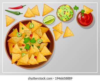 Bowl With Nachos, Salsa, Guacamole And Ranch Sauces Top View. Traditional Mexican Food Tortilla Chips With Dressing, Lime Slice And Jalapeno Hot Chili Peppers On Table. Cartoon Vector Illustration