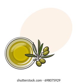 Bowl of natural oil massage decorated with fresh mint leaves, top view sketch vector illustration with space for text. Top view hand drawing of organic oil massage with mint leaves, spa accessory
