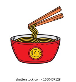 Bowl of noodle with chopstick vector illustration with colored hand drawn style isolated on white background