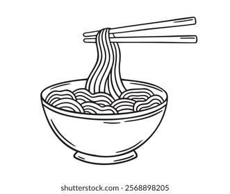 Bowl of noodle with chopsticks doodle hand drawn icon. Outline drawing bowl of noodle with chopsticks line clipart symbol. Vector illustration