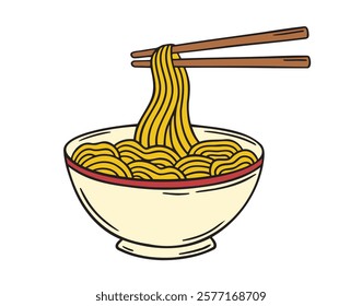 Bowl of noodle with chopsticks doodle hand drawn cartoon colored icon. Outline drawing bowl of noodle with chopsticks line clipart symbol. Vector illustration