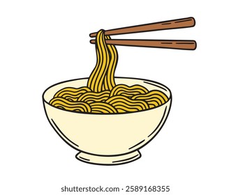Bowl of noodle with chopsticks doodle hand drawn cartoon colored icon. Outline drawing bowl of noodle with chopsticks line clipart symbol. Vector illustration
