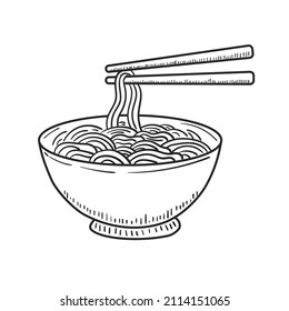 Bowl noodle and chopsticks drawing in sketch style isolated white background  Noodle doodle illustration