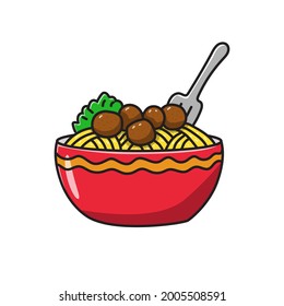 Bowl of noodle with meatball vector illustration isolated on white background
