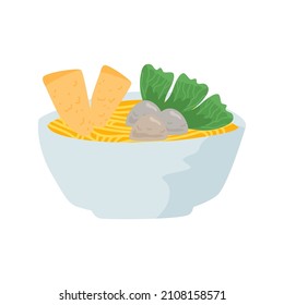 bowl of noodle with meatball and vegetable