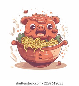 a bowl of noodle pig character. cartoon character vector. cute chibi cartoon art