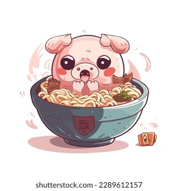 a bowl of noodle pig character. cartoon character vector. cute chibi cartoon art