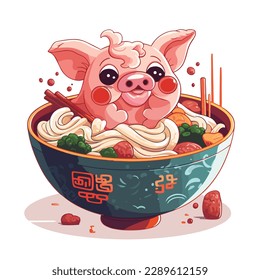 a bowl of noodle pig character. cartoon character vector. cute chibi cartoon art