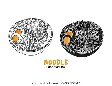Bowl of noodle ramen vector hand-drawn illustration with two different styles of color.