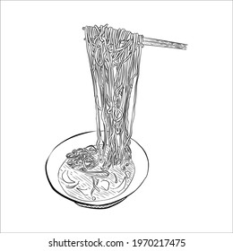 Bowl with noodles. Asia. Ramen. Thai, Chinese food. Italian pasta. Street food. soup. black and white drawing. circuit. coloring. vector.