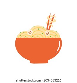 Bowl of noodles, asian soup with chopsticks vector cartoon style icon, illustration for asian food design.
