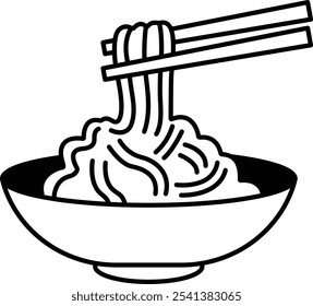 A bowl of noodles with chopsticks in the air