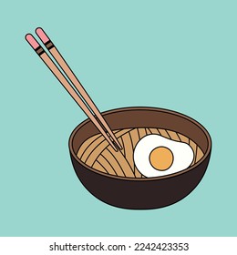 Bowl with Noodles, Chopsticks and Egg, vector illustration on a Blue background