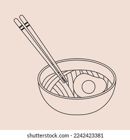 Bowl with Noodles, Chopsticks and Egg, vector illustration Outline