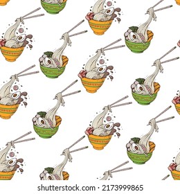 Bowl noodles and chopsticks. Korean Ramen. Seamless pattern. Asian food. Chinese, Korean, Japanese cuisine. Package design. Hand drawn vector illustration