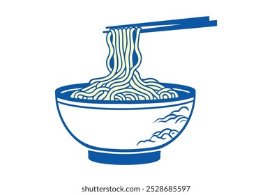 A bowl of noodles with chopsticks lifting a strand from the top.