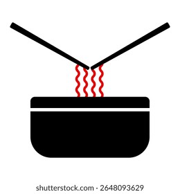 Bowl of Noodles with Chopsticks Minimalist Food Vector Illustration. A bowl filled with red, wavy noodles, with two black chopsticks positioned above as if lifting the noodles.