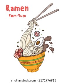 Bowl noodles and chopsticks. Ramen logo. Asian food. Chinese, Korean, Japanese cuisine. Logo template. Hand drawn vector illustration.