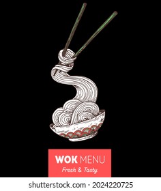 Bowl noodles and chopsticks sketch. Asian food. Chinese, Korean, Japanese cuisine. Logo template.