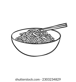 Bowl noodles and chopsticks sketch. Asian food. Vector.