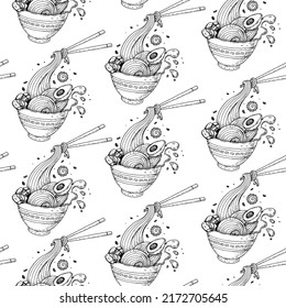 Bowl noodles and chopsticks sketch. Korean Ramen. Seamless pattern. Asian food. Chinese, Korean, Japanese cuisine. Package design. Hand drawn vector illustration
