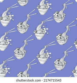 Bowl noodles and chopsticks sketch. Korean Ramen. Seamless pattern. Asian food. Chinese, Korean, Japanese cuisine. Package design. Hand drawn vector illustration