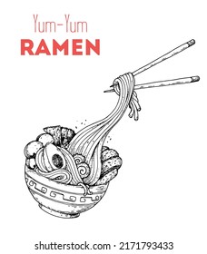 Bowl noodles and chopsticks sketch. Ramen logo. Asian food. Chinese, Korean, Japanese cuisine. Logo template. Hand drawn vector illustration.