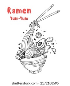 Bowl noodles and chopsticks sketch. Ramen logo. Asian food. Chinese, Korean, Japanese cuisine. Logo template. Hand drawn vector illustration.