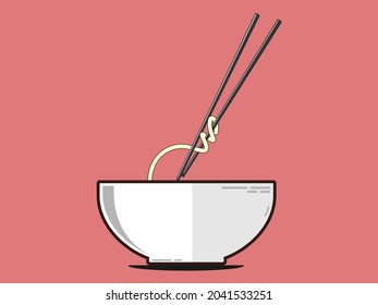 a bowl of noodles with chopsticks as a tool to move the noodles from the bowl to the mouth