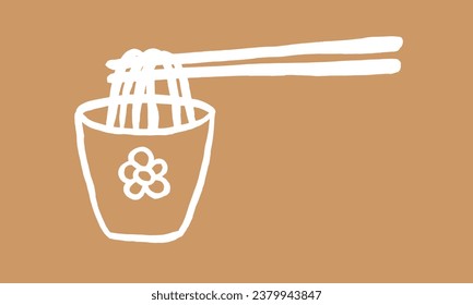 Bowl of noodles and chopsticks. Vector. Sketch, drawing, doodle, ink, brush. Cafe, restaurant, lunch, hot food, snack, Japanese cuisine. White on beige. Eps10