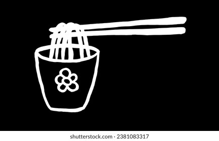 Bowl of noodles and chopsticks. Vector. Sketch, drawing, art, doodle, ink, brush. Cafe, restaurant, lunch, hot food, Japanese cuisine. White on black. Eps10