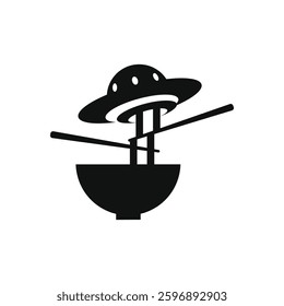 Bowl of noodles and chopsticks vintage logo with UFO template, italian pasta sign