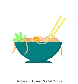 bowl of noodles. noodles, eggs, vegetables, chopsticks in a green bowl. vector illustration. culinary theme. delicious food