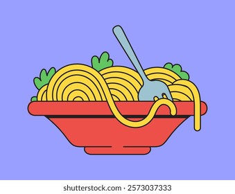 Bowl of noodles with a fork, perfect for illustrating delicious food concepts and culinary themes vibrant hand-drawn cartoon