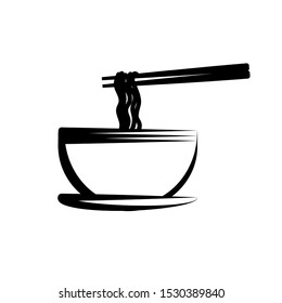 A bowl of noodles with hot broth, black streaks on a white background.  Illustration - Vector art design used as symbols or clip art.