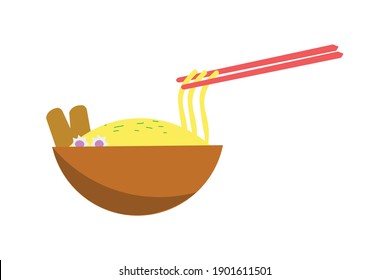 Bowl of Noodles Illustration with Red Chopsticks