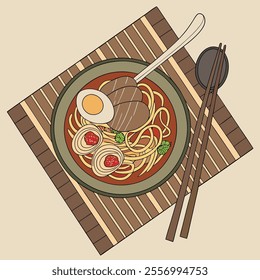 A bowl of noodles with meat, egg, and garnishes on a placemat.