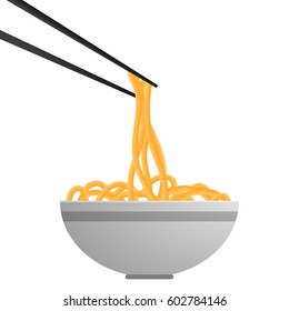 bowl of noodles on chopsticks. Asian traditional food, noodles icon