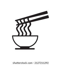 Bowl of noodles with a pair of chopsticks icon thin line for web and mobile, modern minimalistic flat design. Vector dark grey icon on light grey background. Eps10 vector illustration