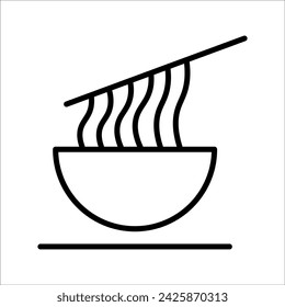 Bowl of noodles with a pair of chopsticks icon thin line for web and mobile, modern minimalistic flat design. Vector dark grey icon on light grey background.