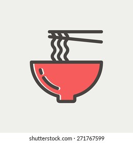 Bowl of noodles with a pair of chopsticks icon thin line for web and mobile, modern minimalistic flat design. Vector icon with dark grey outline and offset colour on light grey background.