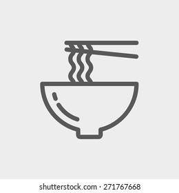 Bowl of noodles with a pair of chopsticks icon thin line for web and mobile, modern minimalistic flat design.  Vector dark grey icon on light grey background.