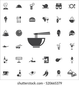 Bowl of noodles with a pair of chopsticks icon on the white background. restaurant set of icons