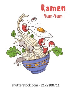 Bowl noodles. Ramen logo. Asian food. Chinese, Korean, Japanese cuisine. Logo template. Hand drawn vector illustration.